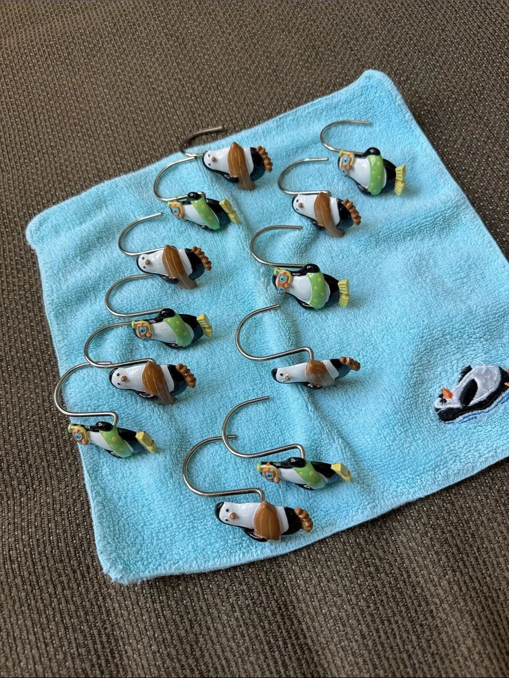 Penguin Shower Curtain Hooks in Blue, Green, Yellow, Brown